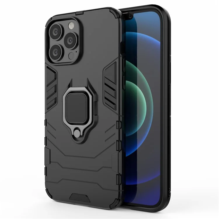 Well-protected 2-in-1 PC TPU Hybrid Cover Case with Ring Holder Kickstand for iPhone 13 Pro Max 6.7 inch - Black