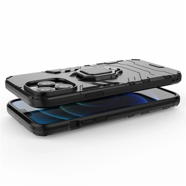 Well-protected 2-in-1 PC TPU Hybrid Cover Case with Ring Holder Kickstand for iPhone 13 Pro Max 6.7 inch - Black