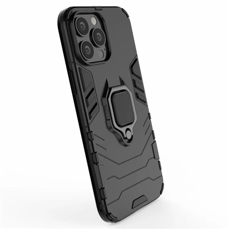Well-protected 2-in-1 PC TPU Hybrid Cover Case with Ring Holder Kickstand for iPhone 13 Pro Max 6.7 inch - Black