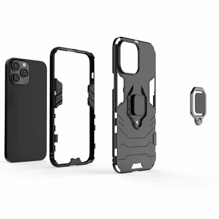 Well-protected 2-in-1 PC TPU Hybrid Cover Case with Ring Holder Kickstand for iPhone 13 Pro Max 6.7 inch - Black