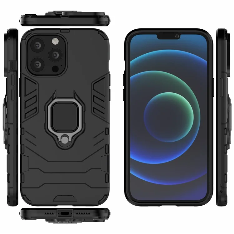 Well-protected 2-in-1 PC TPU Hybrid Cover Case with Ring Holder Kickstand for iPhone 13 Pro Max 6.7 inch - Black