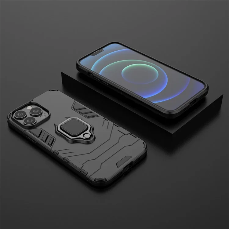 Well-protected 2-in-1 PC TPU Hybrid Cover Case with Ring Holder Kickstand for iPhone 13 Pro Max 6.7 inch - Black
