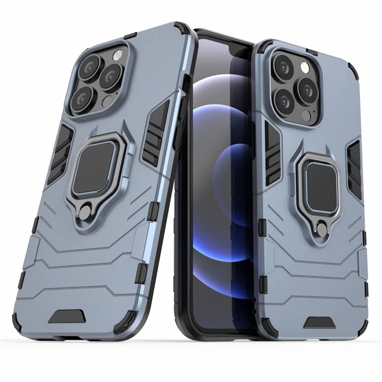 Ring Holder Kickstand Design 2-in-1 PC TPU Hybrid Case Drop-proof Cover for iPhone 13 Pro 6.1 inch - Blue