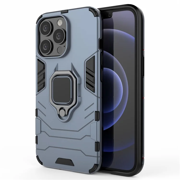 Ring Holder Kickstand Design 2-in-1 PC TPU Hybrid Case Drop-proof Cover for iPhone 13 Pro 6.1 inch - Blue