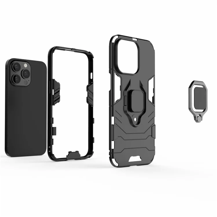 Ring Holder Kickstand Design 2-in-1 PC TPU Hybrid Case Drop-proof Cover for iPhone 13 Pro 6.1 inch - Blue