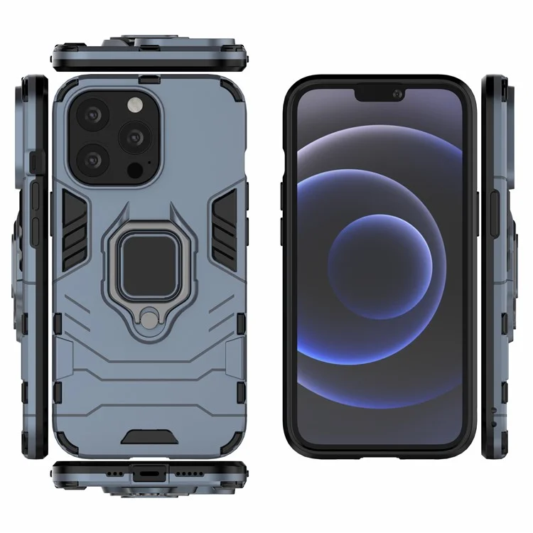 Ring Holder Kickstand Design 2-in-1 PC TPU Hybrid Case Drop-proof Cover for iPhone 13 Pro 6.1 inch - Blue