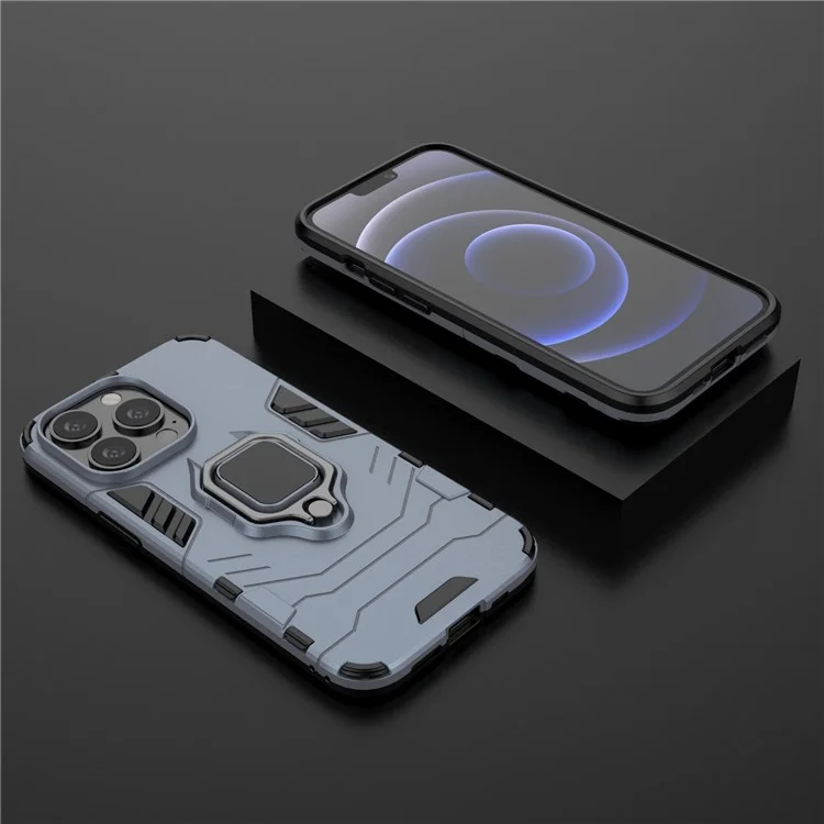 Ring Holder Kickstand Design 2-in-1 PC TPU Hybrid Case Drop-proof Cover for iPhone 13 Pro 6.1 inch - Blue