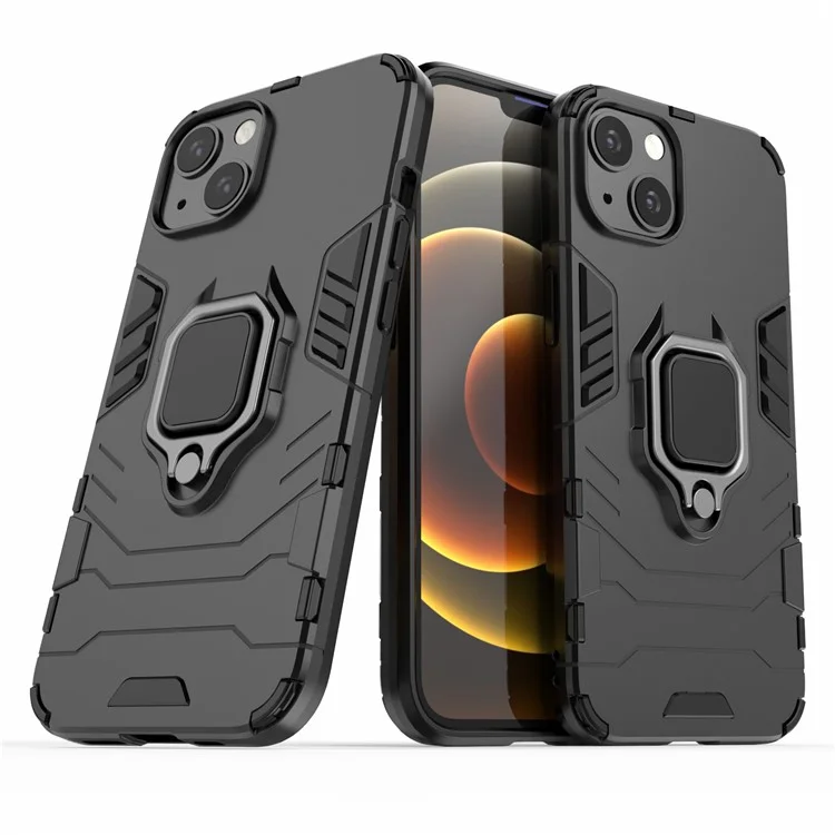 Anti-drop 2-in-1 PC TPU Hybrid Case with Ring Holder Kickstand for iPhone 13 6.1 inch - Black