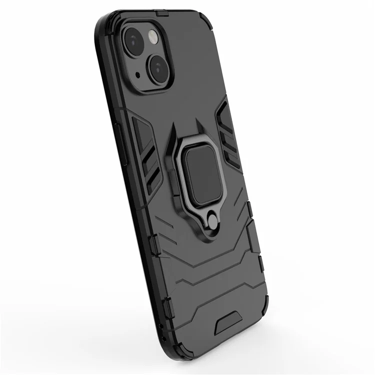 Anti-drop 2-in-1 PC TPU Hybrid Case with Ring Holder Kickstand for iPhone 13 6.1 inch - Black