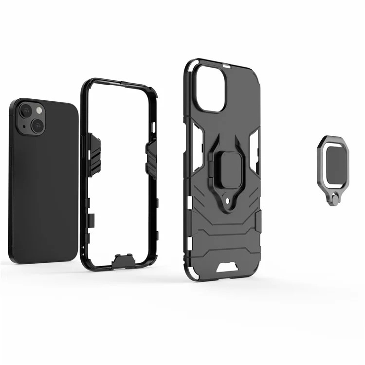 Anti-drop 2-in-1 PC TPU Hybrid Case with Ring Holder Kickstand for iPhone 13 6.1 inch - Black