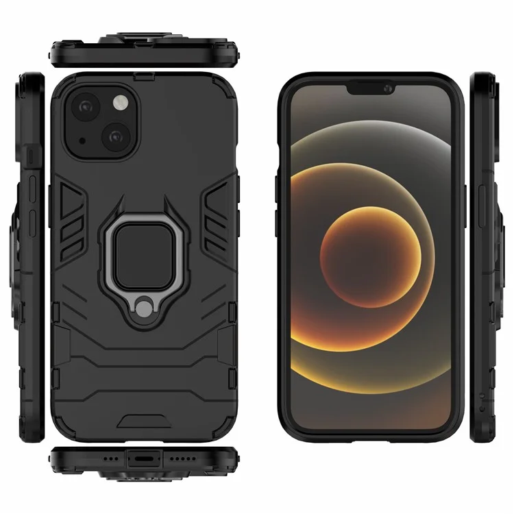 Custodia ibrida PC TPU 2 in 1 con supporto ad anello e supporto per iPhone 13 6.1 pollici - Nero 