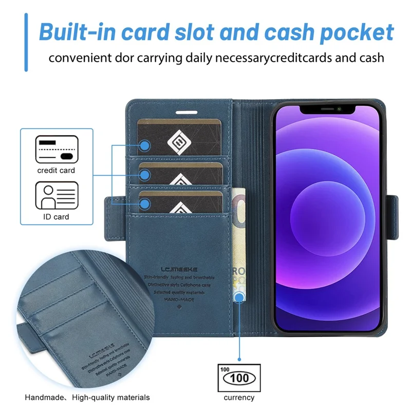LC.IMEEKE PU Leather Full Protection Folio Flip Wallet Case with Card Holder and Magnetic Clasp Closure for iPhone 12 / 12 Pro 6.1 inch - Blue