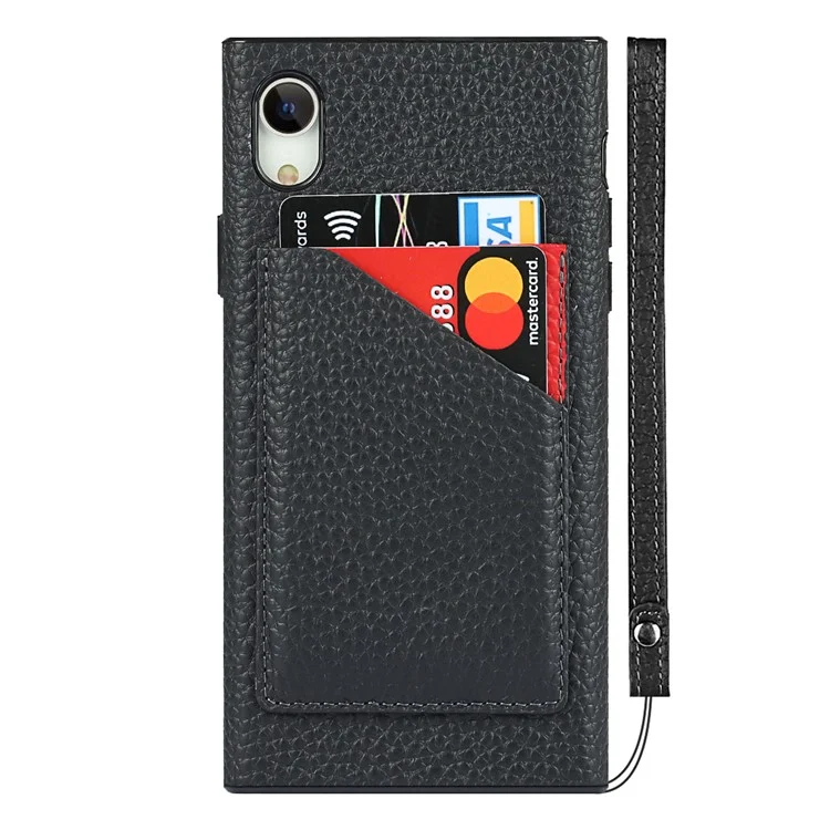 Drop-Proof Litchi Texture Genuine Leather Coated Black TPU Phone Cover with Card Slots for iPhone XR 6.1 inch - Black