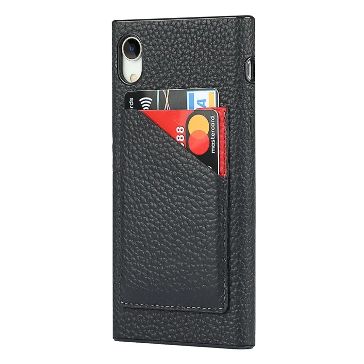 Drop-Proof Litchi Texture Genuine Leather Coated Black TPU Phone Cover with Card Slots for iPhone XR 6.1 inch - Black
