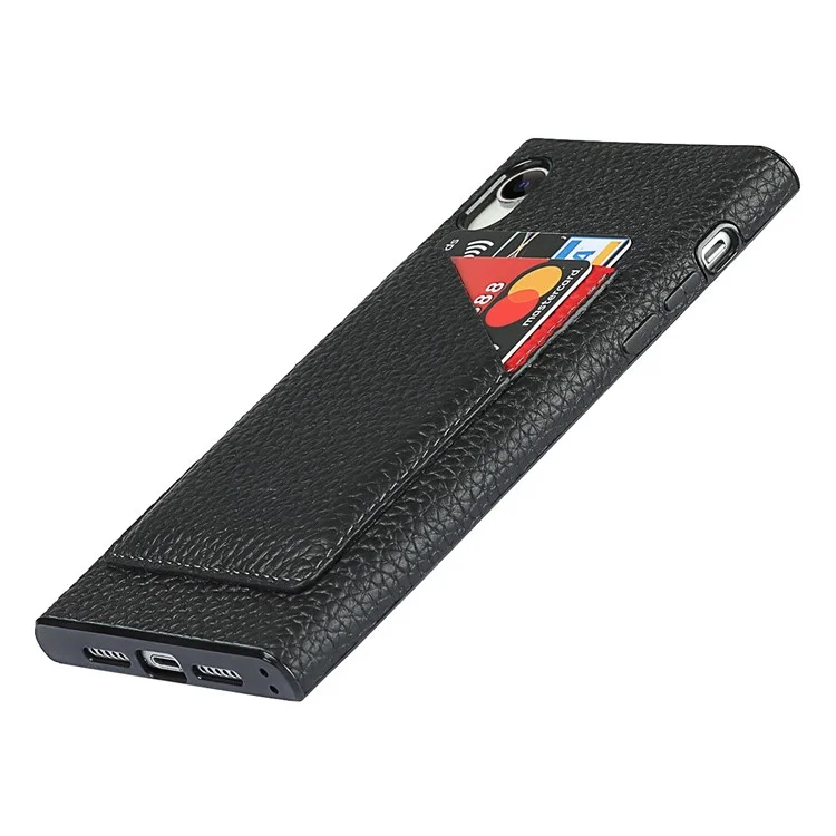Drop-Proof Litchi Texture Genuine Leather Coated Black TPU Phone Cover with Card Slots for iPhone XR 6.1 inch - Black