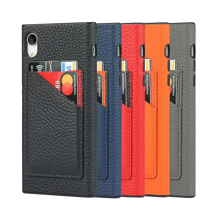 Drop-Proof Litchi Texture Genuine Leather Coated Black TPU Phone Cover with Card Slots for iPhone XR 6.1 inch - Black