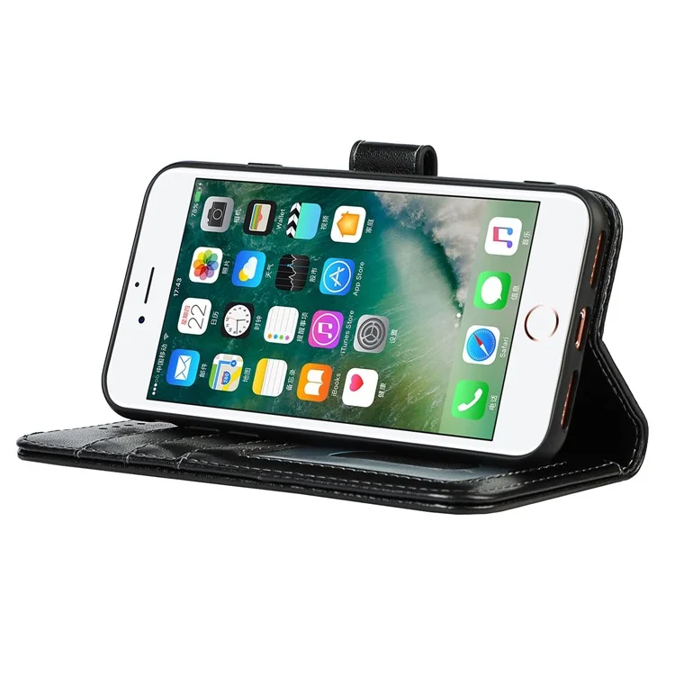 Drop-Proof R61 Textura Costura Felled PU Leather Wallet Mobile Cover Shell para iPhone 7 4.7 polegadas/8 4.7 polegadas/SE (2020)/SE (2022) - Preto