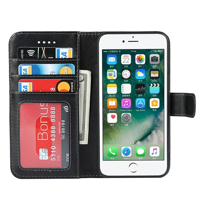 Drop-Proof R61 Textura Costura Felled PU Leather Wallet Mobile Cover Shell para iPhone 7 4.7 polegadas/8 4.7 polegadas/SE (2020)/SE (2022) - Preto