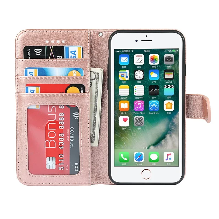 Drop-Proof R61 Texture Felled Seam PU Leather Wallet Mobile Cover Shell for iPhone 7 4.7 inch/8 4.7 inch/SE (2020)/SE (2022) - Rose Gold