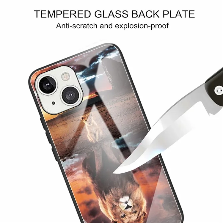 Pattern Printing Glass + TPU Combo Hybrid Phone Back Cover for iPhone 13 6.1 inch - Lion