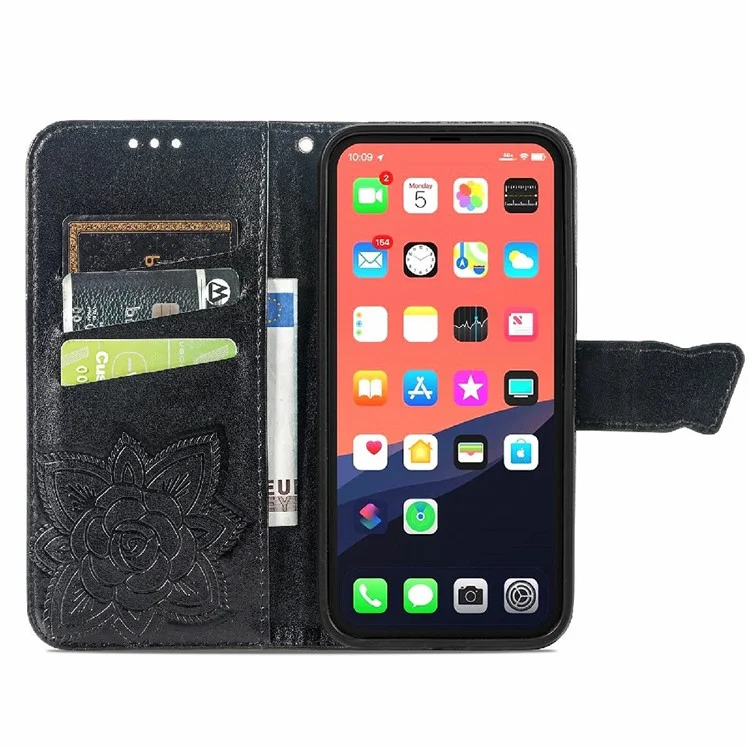 Drop-resistenter Großer Schmetterlingsbedruckung Leder Brieftasche Mit Gurt Für IPhone 13 6,1 Zoll - Schwarz