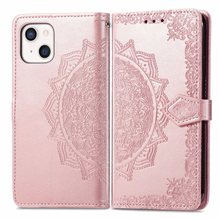 Custodia in pelle PU con supporto e portafogli, con fiore mandala in rilievo per iPhone 13 mini 5,4 pollici - Rose Gold