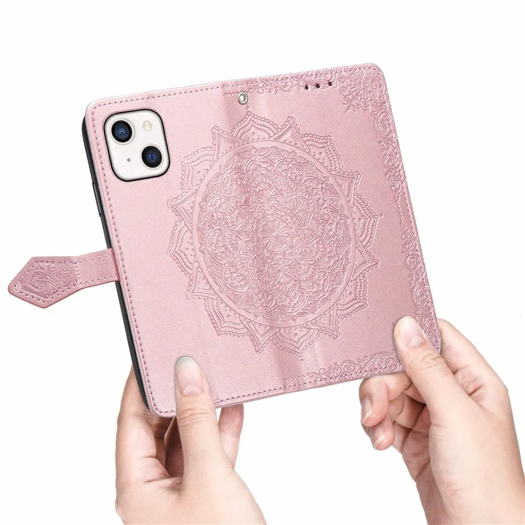 Custodia in pelle PU con supporto e portafogli, con fiore mandala in rilievo per iPhone 13 mini 5,4 pollici - Rose Gold