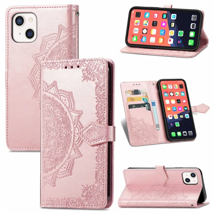 Custodia in pelle PU con supporto e portafogli, con fiore mandala in rilievo per iPhone 13 mini 5,4 pollici - Rose Gold