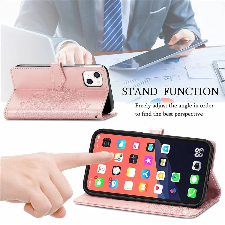 Custodia in pelle PU con supporto e portafogli, con fiore mandala in rilievo per iPhone 13 mini 5,4 pollici - Rose Gold
