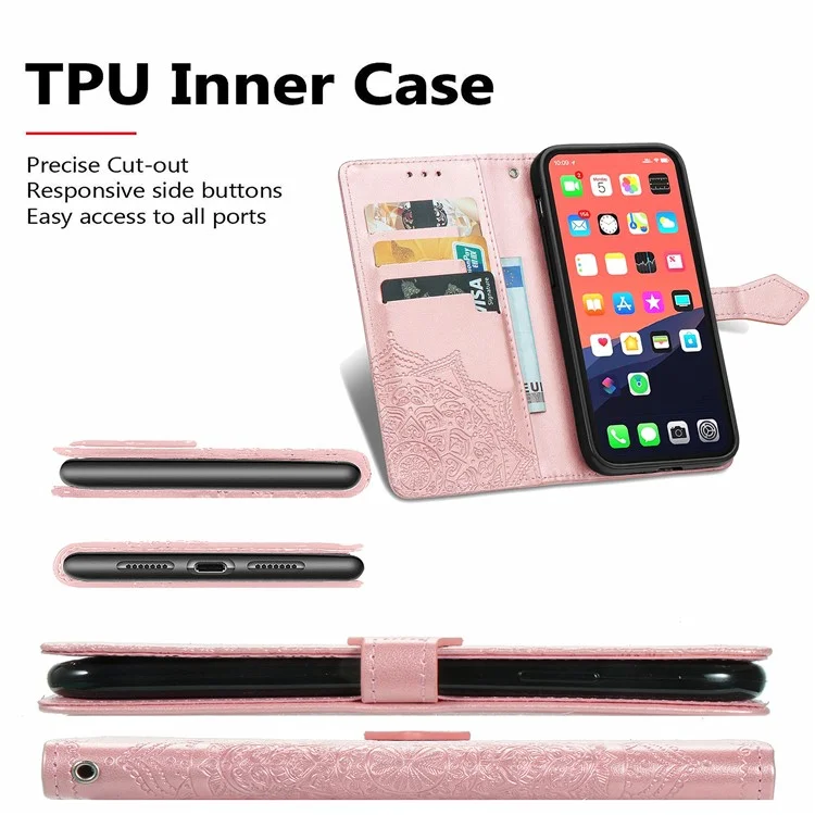 Custodia in pelle PU con supporto e portafogli, con fiore mandala in rilievo per iPhone 13 mini 5,4 pollici - Rose Gold