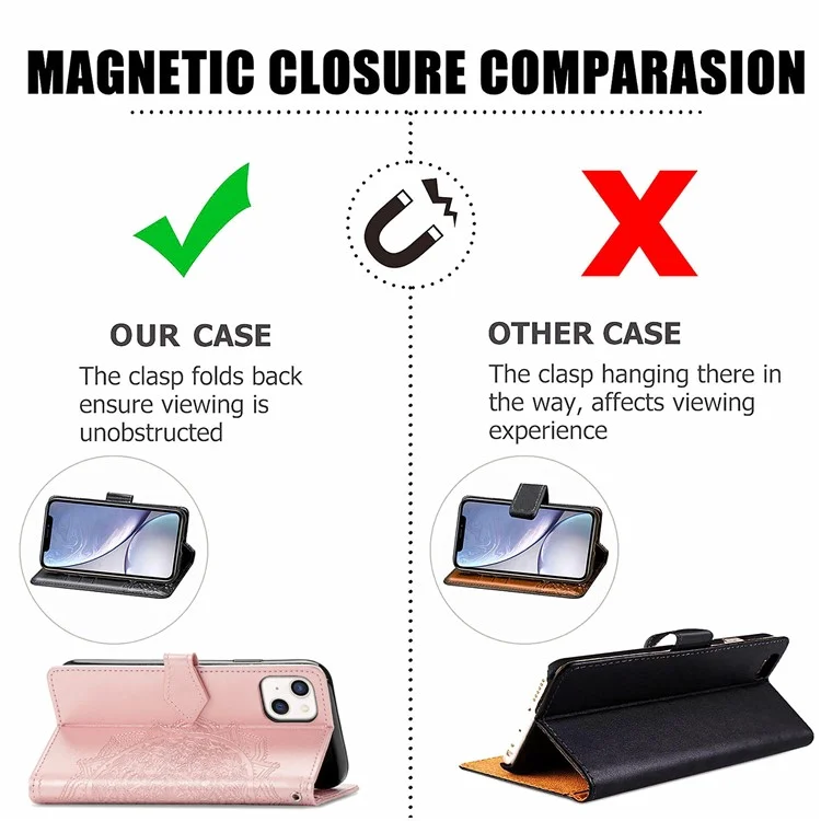Custodia in pelle PU con supporto e portafogli, con fiore mandala in rilievo per iPhone 13 mini 5,4 pollici - Rose Gold