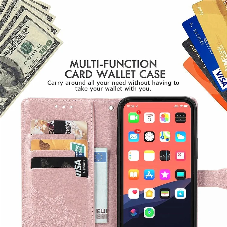 Custodia in pelle PU con supporto e portafogli, con fiore mandala in rilievo per iPhone 13 mini 5,4 pollici - Rose Gold