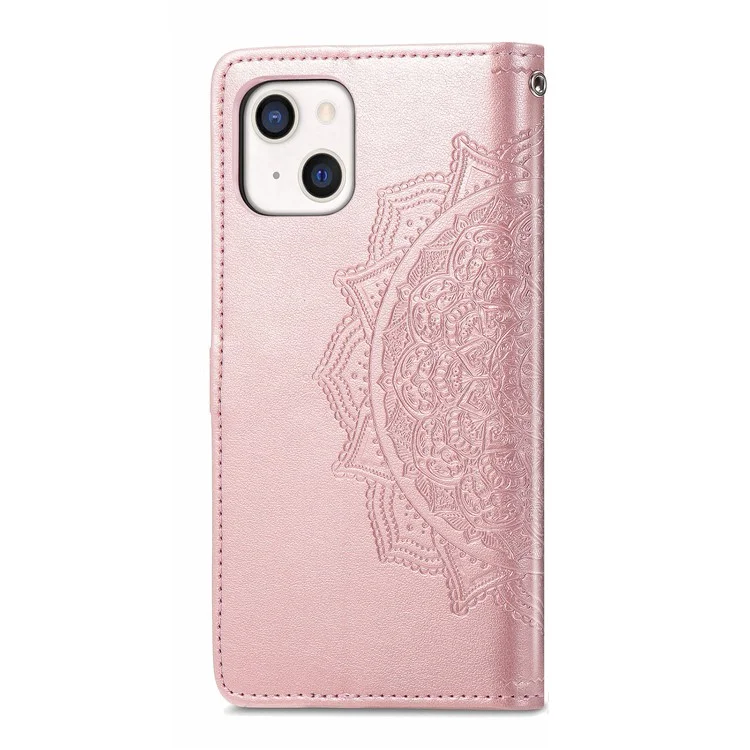 Custodia in pelle PU con supporto e portafogli, con fiore mandala in rilievo per iPhone 13 mini 5,4 pollici - Rose Gold