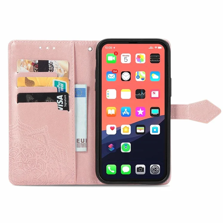 Custodia in pelle PU con supporto e portafogli, con fiore mandala in rilievo per iPhone 13 mini 5,4 pollici - Rose Gold