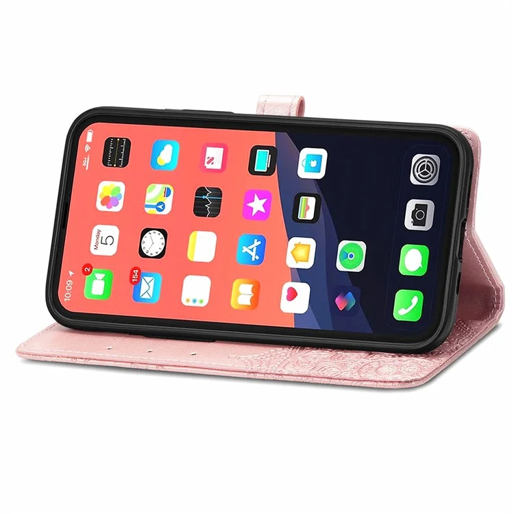 Custodia in pelle PU con supporto e portafogli, con fiore mandala in rilievo per iPhone 13 mini 5,4 pollici - Rose Gold