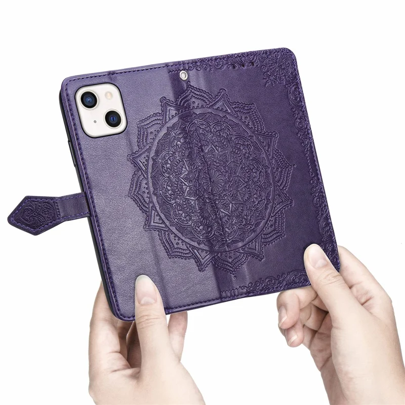 PU Leather Stand Case Wallet Cover with Embossed Mandala Flower for iPhone 13 mini 5.4 inch - Purple