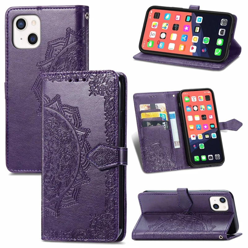 PU Leather Stand Case Wallet Cover with Embossed Mandala Flower for iPhone 13 mini 5.4 inch - Purple