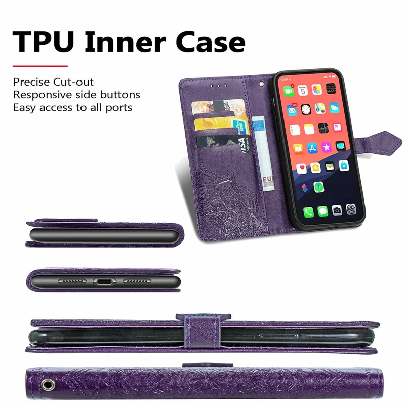 PU Leather Stand Case Wallet Cover with Embossed Mandala Flower for iPhone 13 mini 5.4 inch - Purple