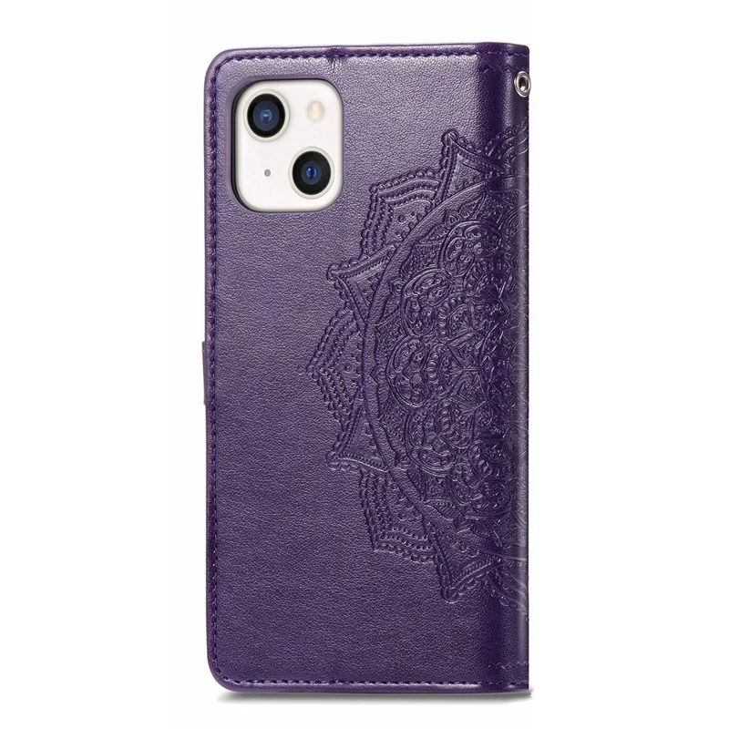 PU Leather Stand Case Wallet Cover with Embossed Mandala Flower for iPhone 13 mini 5.4 inch - Purple