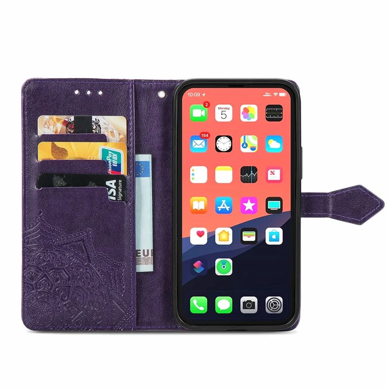 PU Leather Stand Case Wallet Cover with Embossed Mandala Flower for iPhone 13 mini 5.4 inch - Purple