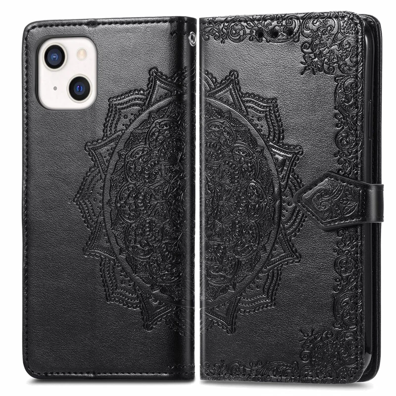 Mandala Flower reliëf Lederen Stand Wallet Hoesje voor iPhone 13 6,1 inch - Zwart