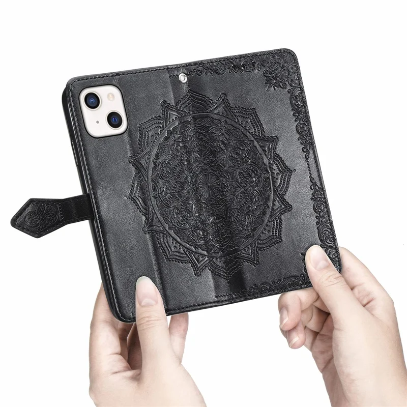 Mandala Flower reliëf Lederen Stand Wallet Hoesje voor iPhone 13 6,1 inch - Zwart