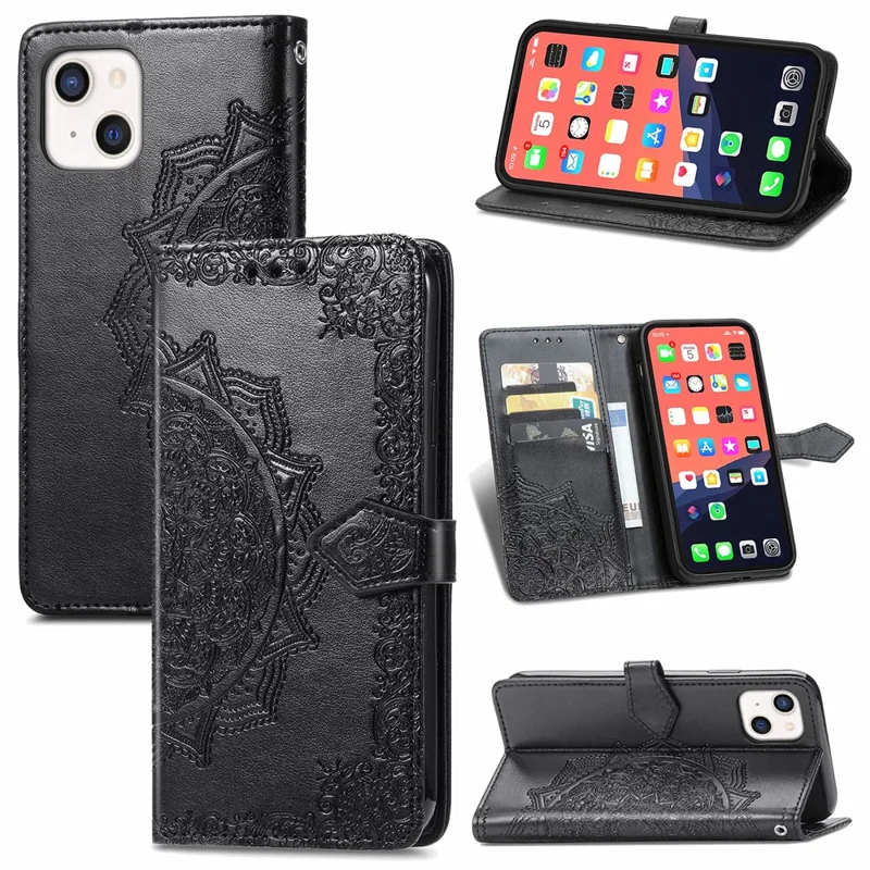 Mandala Flower reliëf Lederen Stand Wallet Hoesje voor iPhone 13 6,1 inch - Zwart