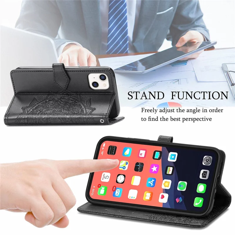 Mandala Flower reliëf Lederen Stand Wallet Hoesje voor iPhone 13 6,1 inch - Zwart