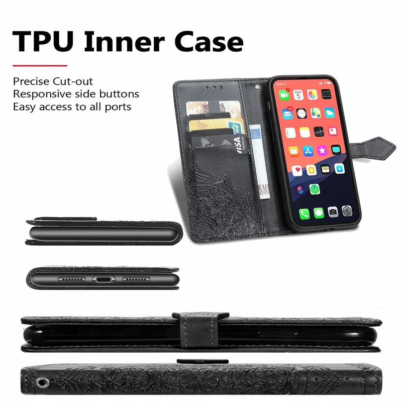 Mandala Flower reliëf Lederen Stand Wallet Hoesje voor iPhone 13 6,1 inch - Zwart