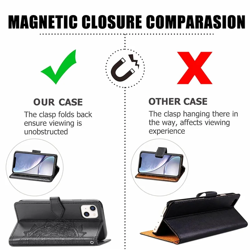 Mandala Flower reliëf Lederen Stand Wallet Hoesje voor iPhone 13 6,1 inch - Zwart