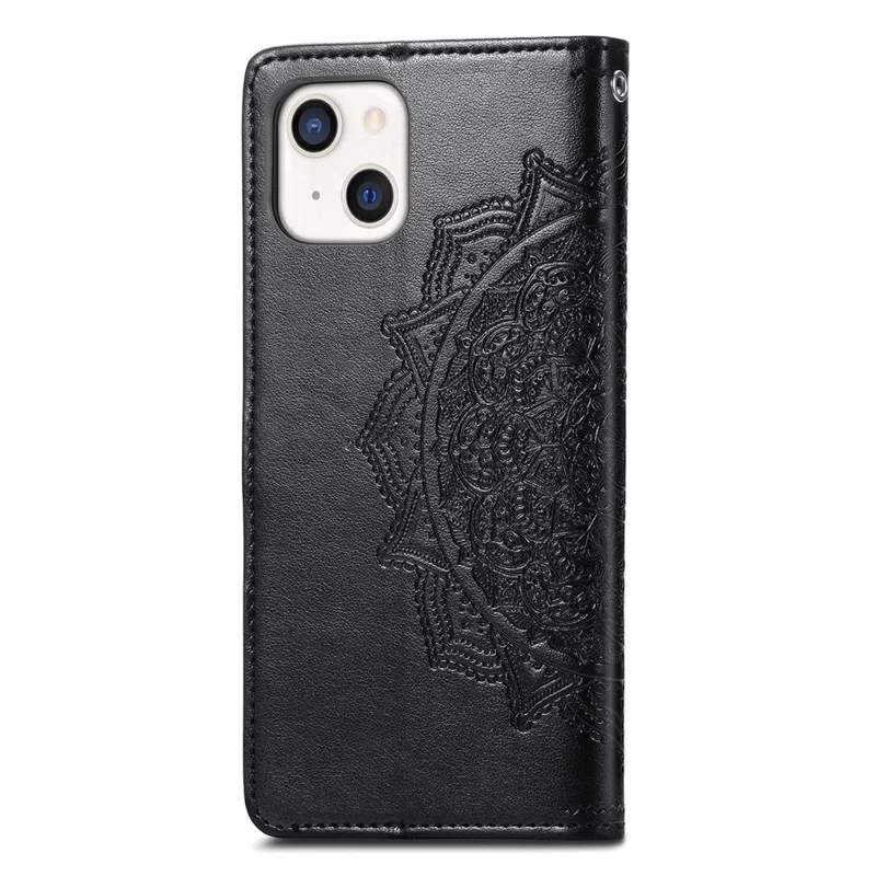 Mandala Flower reliëf Lederen Stand Wallet Hoesje voor iPhone 13 6,1 inch - Zwart