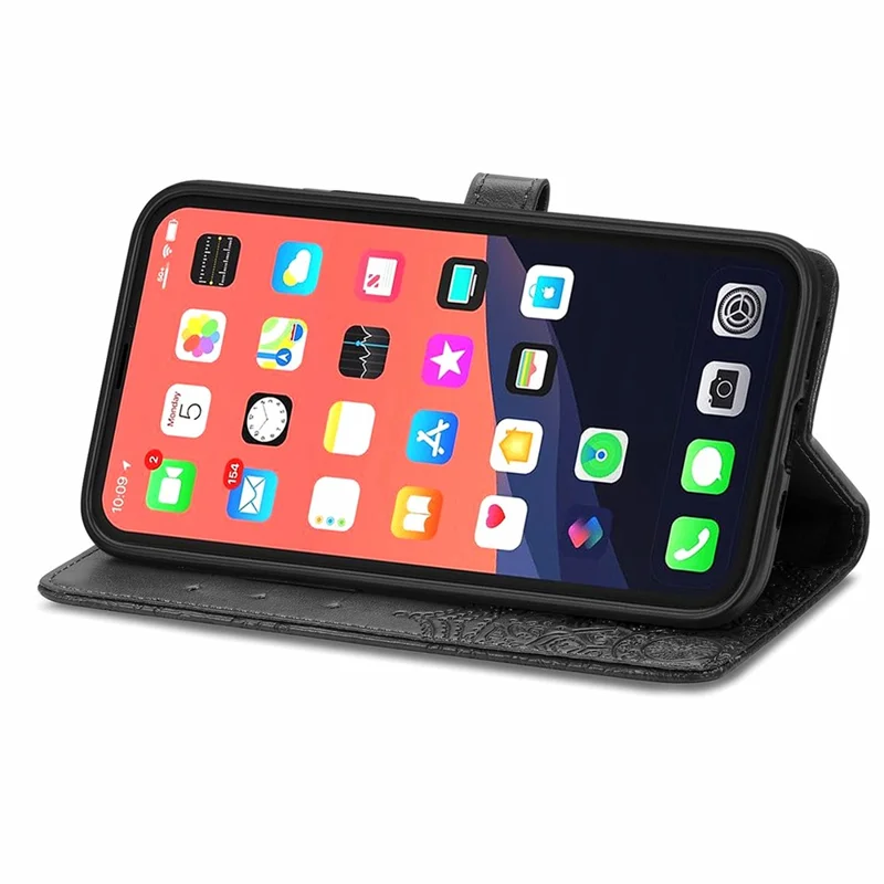Mandala Flower reliëf Lederen Stand Wallet Hoesje voor iPhone 13 6,1 inch - Zwart