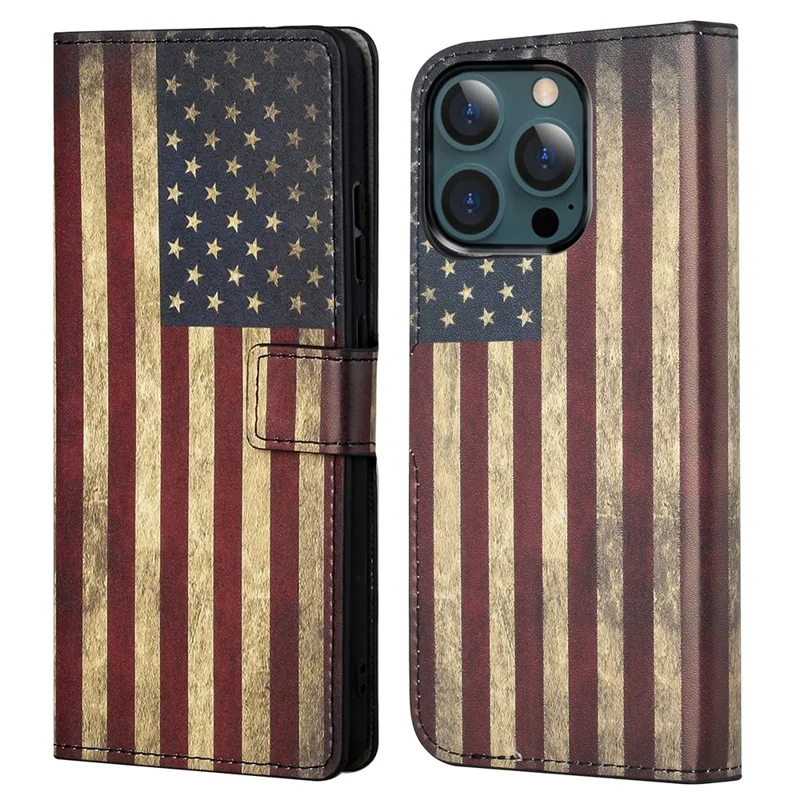 Stand Feature Pattern Printing Premium PU Leather Wallet Flip Protective Cover for iPhone 13 Pro Max 6.7 inch - The American Flag