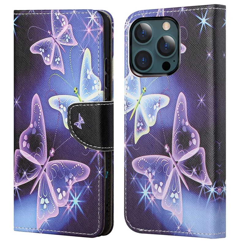 Pattern Printing Cross Texture Leather Wallet Stand Case for iPhone 13 Pro Max - Vivid Butterfly